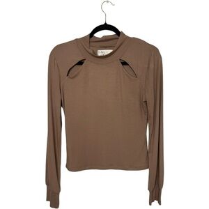 Vintage Havana Rib Cutout Mock Neck Long Sleeve Top Neutral Brown Fitted Stretch